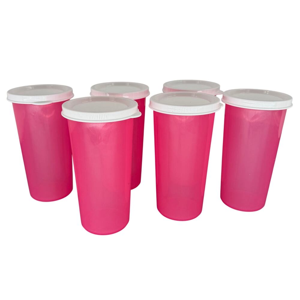 Tupperware Pink Tumblers 9 oz Drinking Cups White Lids Seals Set of 6 Hot Pink